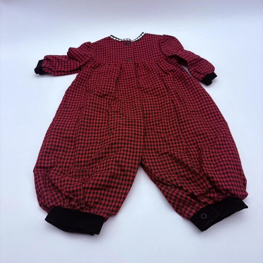 Okie Dokie Coverall Girls 9-12M Red Check Velvet Holiday Cuffed‎ Snap One Piece